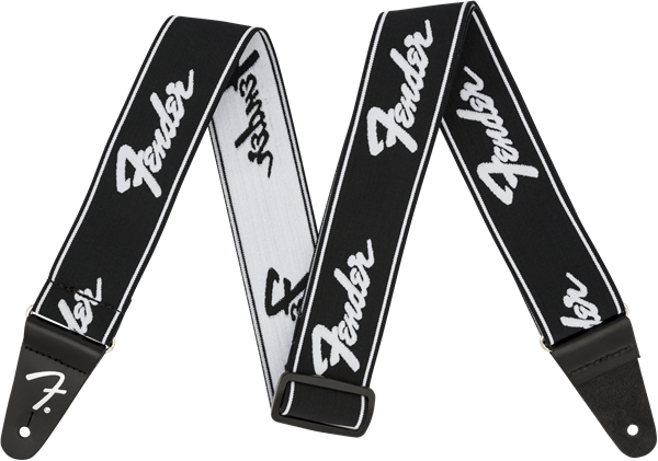 Fender WeighLess 2" Running Logo Strap, Black/White