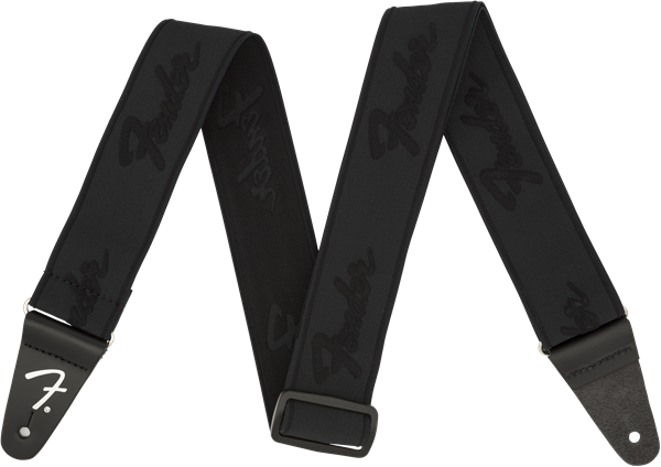 Fender WeighLess™ 2" Running Logo Strap, Black/Black